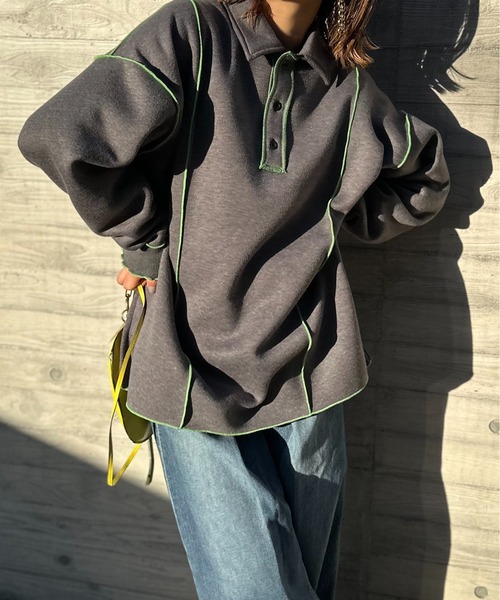 【セール】【2024新作！】ウラケ裏起毛 配色メロー オーバーサイズ ポロスウェット（スウェット）｜mi via loca（ミヴィアロカ）