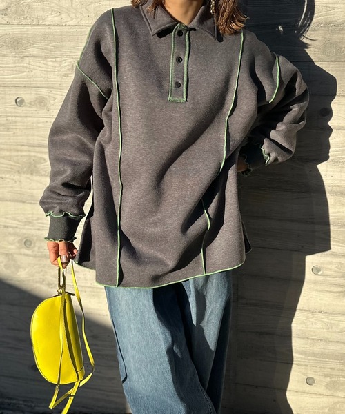 【セール】【2024新作！】ウラケ裏起毛 配色メロー オーバーサイズ ポロスウェット（スウェット）｜mi via loca（ミヴィアロカ）