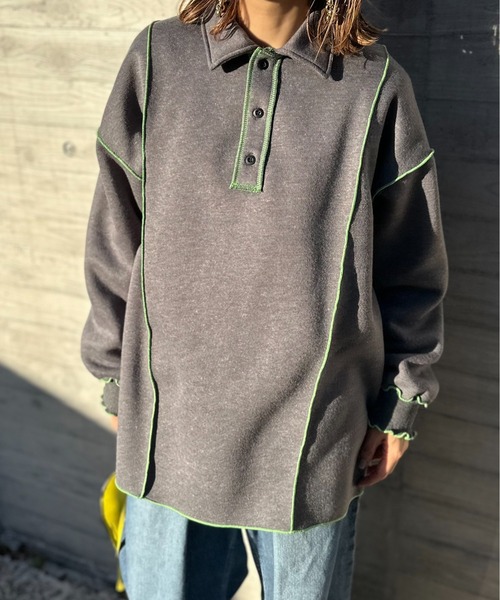 【セール】【2024新作！】ウラケ裏起毛 配色メロー オーバーサイズ ポロスウェット（スウェット）｜mi via loca（ミヴィアロカ）