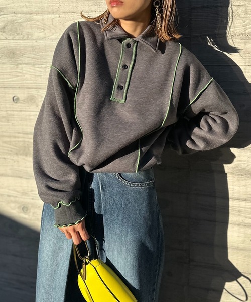 【セール】【2024新作！】ウラケ裏起毛 配色メロー オーバーサイズ ポロスウェット（スウェット）｜mi via loca（ミヴィアロカ）