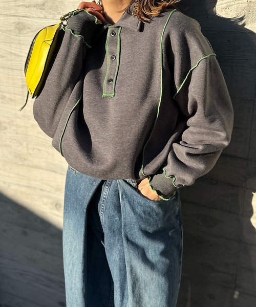 【セール】【2024新作！】ウラケ裏起毛 配色メロー オーバーサイズ ポロスウェット（スウェット）｜mi via loca（ミヴィアロカ）