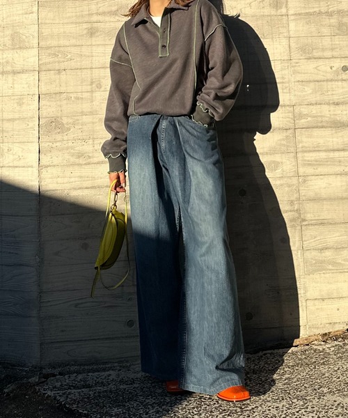 【セール】【2024新作！】ウラケ裏起毛 配色メロー オーバーサイズ ポロスウェット（スウェット）｜mi via loca（ミヴィアロカ）