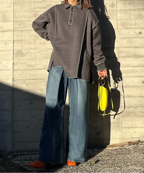 【セール】【2024新作！】ウラケ裏起毛 配色メロー オーバーサイズ ポロスウェット（スウェット）｜mi via loca（ミヴィアロカ）