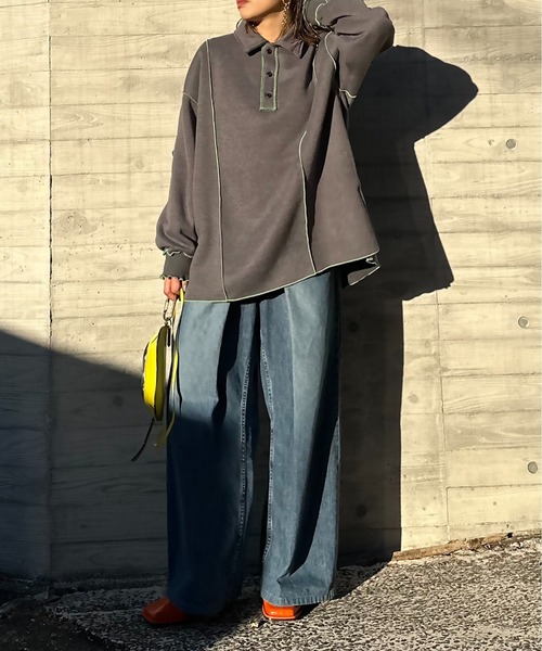 【セール】【2024新作！】ウラケ裏起毛 配色メロー オーバーサイズ ポロスウェット（スウェット）｜mi via loca（ミヴィアロカ）