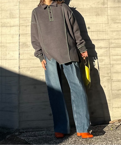 【セール】【2024新作！】ウラケ裏起毛 配色メロー オーバーサイズ ポロスウェット（スウェット）｜mi via loca（ミヴィアロカ）