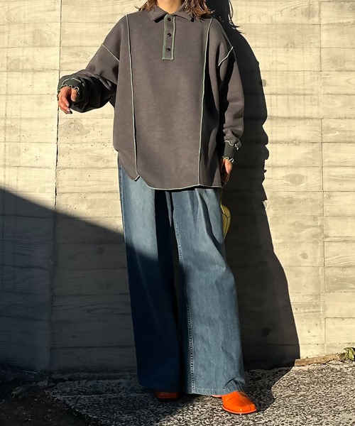 【セール】【2024新作！】ウラケ裏起毛 配色メロー オーバーサイズ ポロスウェット（スウェット）｜mi via loca（ミヴィアロカ）