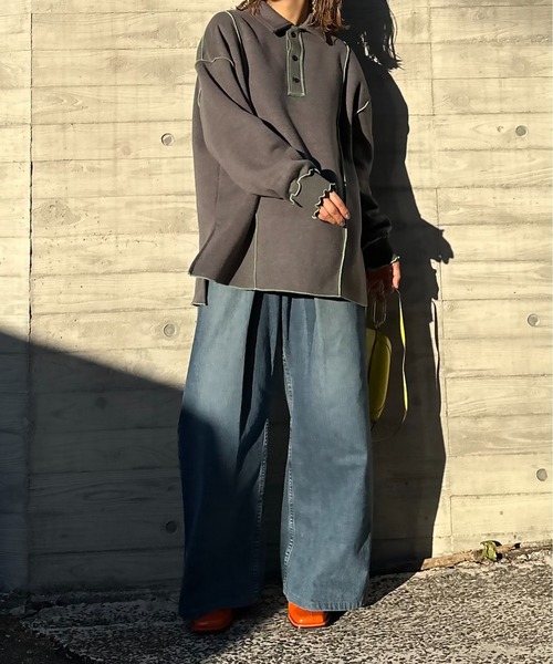 【セール】【2024新作！】ウラケ裏起毛 配色メロー オーバーサイズ ポロスウェット（スウェット）｜mi via loca（ミヴィアロカ）