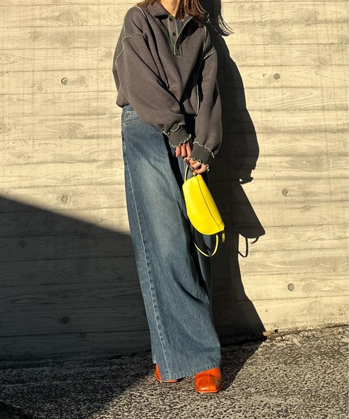 【セール】【2024新作！】ウラケ裏起毛 配色メロー オーバーサイズ ポロスウェット（スウェット）｜mi via loca（ミヴィアロカ）