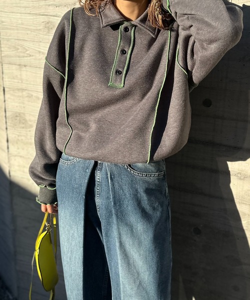 【セール】【2024新作！】ウラケ裏起毛 配色メロー オーバーサイズ ポロスウェット（スウェット）｜mi via loca（ミヴィアロカ）