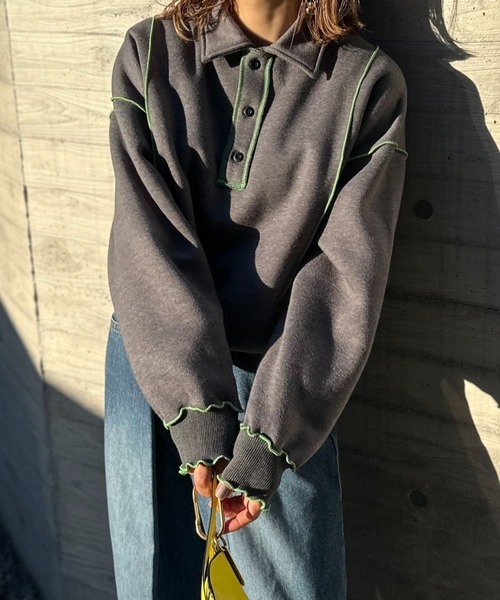 【セール】【2024新作！】ウラケ裏起毛 配色メロー オーバーサイズ ポロスウェット（スウェット）｜mi via loca（ミヴィアロカ）