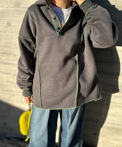 【セール】【2024新作！】ウラケ裏起毛 配色メロー オーバーサイズ ポロスウェット（スウェット）｜mi via loca（ミヴィアロカ）