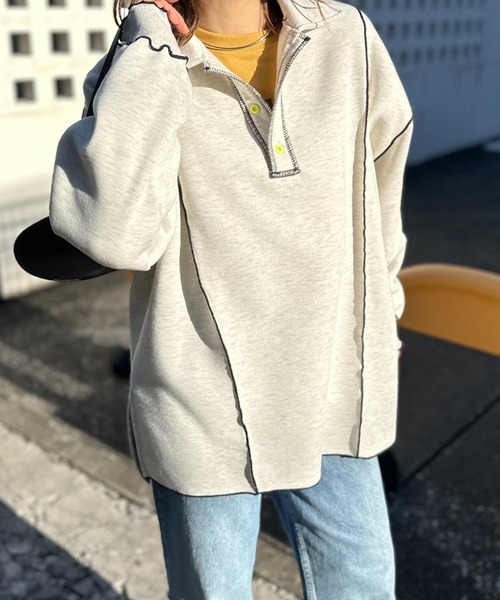 【セール】【2024新作！】ウラケ裏起毛 配色メロー オーバーサイズ ポロスウェット（スウェット）｜mi via loca（ミヴィアロカ）