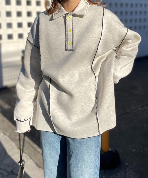 【セール】【2024新作！】ウラケ裏起毛 配色メロー オーバーサイズ ポロスウェット（スウェット）｜mi via loca（ミヴィアロカ）