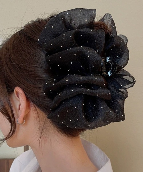 シュシュ風 ラメ ビッグサイズ バンスクリップ（バレッタ/ヘアクリップ