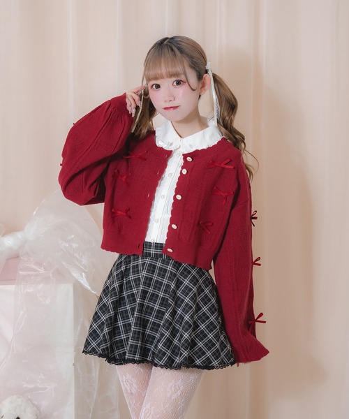 Honey Cinnamon（ハニーシナモン）の「透かし編みリボンカーディガン（カーディガン/ボレロ・レディース・レッド/サックスブルー・FREE）」の6枚目の写真
