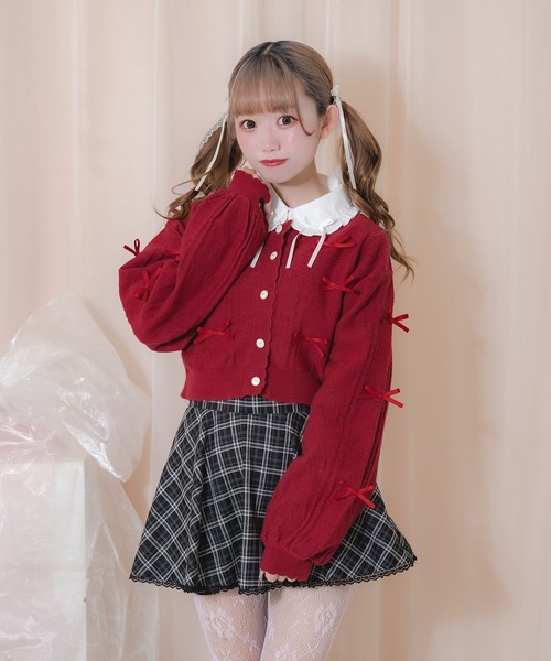 Honey Cinnamon（ハニーシナモン）の「透かし編みリボンカーディガン（カーディガン/ボレロ・レディース・レッド/サックスブルー・FREE）」の7枚目の写真