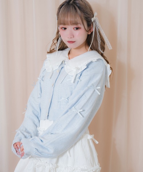 Honey Cinnamon（ハニーシナモン）の「透かし編みリボンカーディガン（カーディガン/ボレロ・レディース・レッド/サックスブルー・FREE）」の3枚目の写真