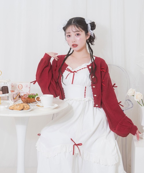 Honey Cinnamon（ハニーシナモン）の「透かし編みリボンカーディガン（カーディガン/ボレロ・レディース・レッド/サックスブルー・FREE）」の5枚目の写真