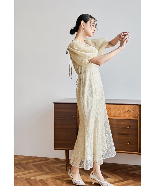 セール】ダイヤレースマーメイドドレス パフスリーブ パーティードレス