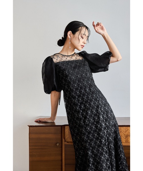 セール】ダイヤレースマーメイドドレス パフスリーブ パーティードレス