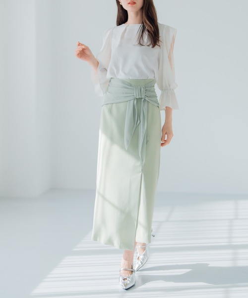 MISCH MASCH(ミッシュマッシュ)の「シフォンリボンタイトスカート(スカート・レディース・グリーン/アイボリー・S/M)」の1枚目の写真