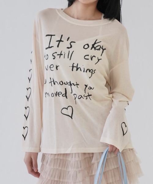 cunii 】ハートプリント シアー ロングTシャツ シースルー 長袖Tシャツ
