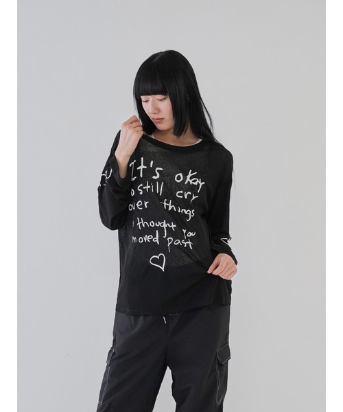 ストロベリープリント シースルー長袖トップス セール】【 cunii 】ハートプリント シアー ロングTシャツ