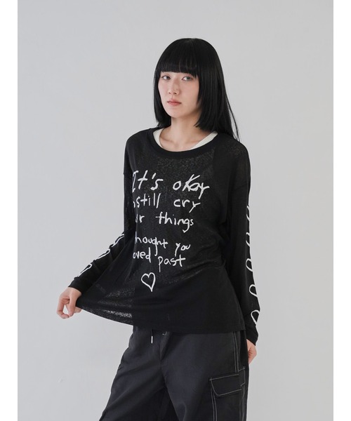 Uenui（ウニュイ）の「【 cunii 】ハートプリント シアー ロングTシャツ シースルー 長袖Tシャツ（Tシャツ/カットソー・レディース・ブラック/ベージュ・FREE）」の3枚目の写真