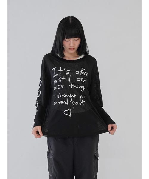Uenui（ウニュイ）の「【 cunii 】ハートプリント シアー ロングTシャツ シースルー 長袖Tシャツ（Tシャツ/カットソー・レディース・ブラック/ベージュ・FREE）」の7枚目の写真