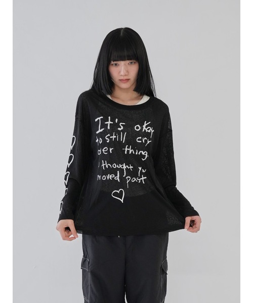 Uenui（ウニュイ）の「【 cunii 】ハートプリント シアー ロングTシャツ シースルー 長袖Tシャツ（Tシャツ/カットソー・レディース・ブラック/ベージュ・FREE）」の6枚目の写真