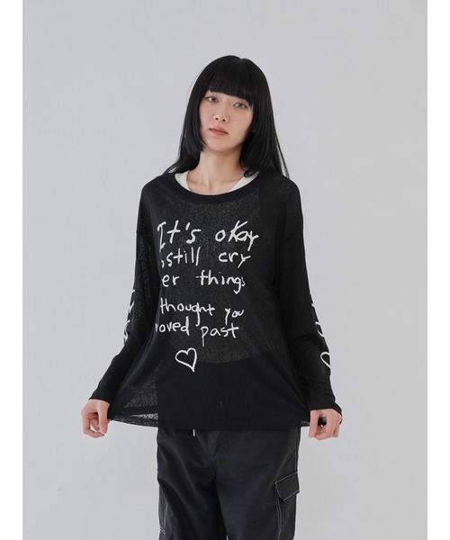 Uenui（ウニュイ）の「【 cunii 】ハートプリント シアー ロングTシャツ シースルー 長袖Tシャツ（Tシャツ/カットソー・レディース・ブラック/ベージュ・FREE）」の5枚目の写真