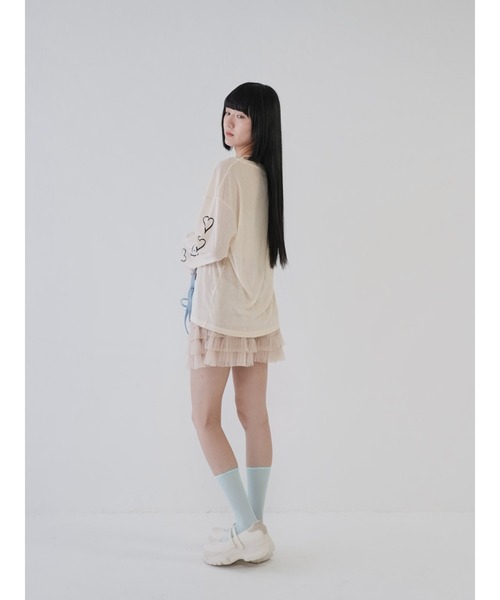 Uenui（ウニュイ）の「【 cunii 】ハートプリント シアー ロングTシャツ シースルー 長袖Tシャツ（Tシャツ/カットソー・レディース・ブラック/ベージュ・FREE）」の14枚目の写真