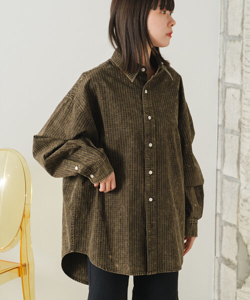 Kastane(カスタネ)の「【UNISEX】アシッドウォッシュドチェックシャツ(シャツ/ブラウス・メンズ・ブラウン/グリーン/レッド・FREE)」の2枚目の写真