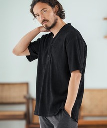 mt9602-Textured Jacquard Fabric Henley V-neck T-shirt Tシャツ