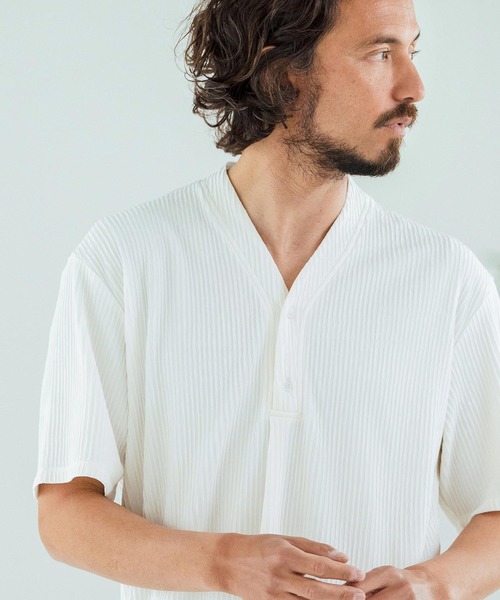 Magine(マージン)の「mt9602-Textured Jacquard Fabric Henley V-neck T-shirt Tシャツ(Tシャツ/カットソー・メンズ・ブラック/ホワイト/ベージュ・44/46/48)」の21枚目の写真