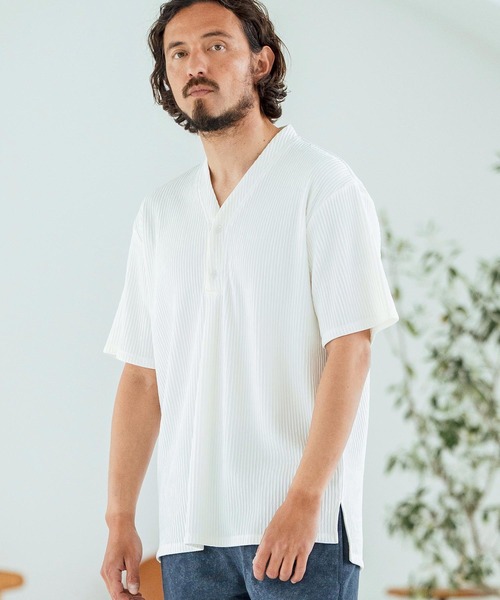 Magine(マージン)の「mt9602-Textured Jacquard Fabric Henley V-neck T-shirt Tシャツ(Tシャツ/カットソー・メンズ・ブラック/ホワイト/ベージュ・44/46/48)」の20枚目の写真