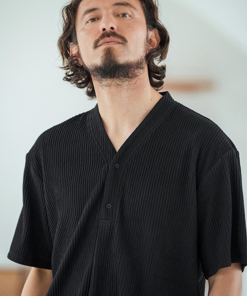 Magine(マージン)の「mt9602-Textured Jacquard Fabric Henley V-neck T-shirt Tシャツ(Tシャツ/カットソー・メンズ・ブラック/ホワイト/ベージュ・44/46/48)」の14枚目の写真