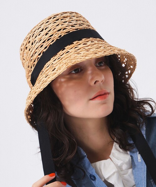 【美品】coeur リボン STRW ハット 新品】 coeur femme 麦わら帽子 ストローハット ネイビーリボン
