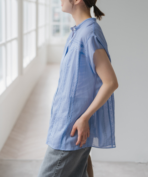 Spick &amp; Span - スピック&amp;スパン 60ローンフレンチレースブラウス バンドカラー 半袖 F 青 Spick & Span（スピックアンドスパン）の「60ローンフレンチ