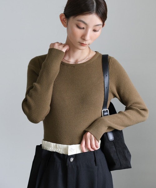 select MOCA(セレクトモカ)の「クルーネックリブニット(ニット/セーター・レディース・グレー/ライトグレー/オリーブ/グレイッシュベージュ/ブラック/アイボリー・FREE)」の6枚目の写真