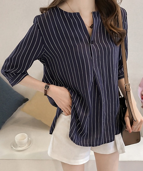 blackdia ocean（ブラックダイヤオーシャン）の「blackdia ocean ノーカラー ストライプシャツ（シャツ/ブラウス・レディース・ライトピンク/ホワイト/ライトブルー/ネイビー・LARGE/MEDIUM）」の3枚目の写真