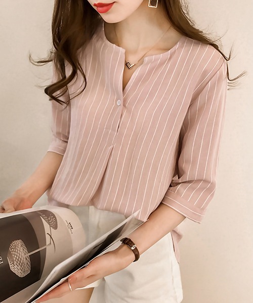 blackdia ocean（ブラックダイヤオーシャン）の「blackdia ocean ノーカラー ストライプシャツ（シャツ/ブラウス・レディース・ライトピンク/ホワイト/ライトブルー/ネイビー・LARGE/MEDIUM）」の4枚目の写真