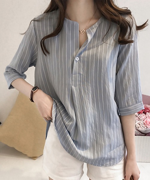 blackdia ocean（ブラックダイヤオーシャン）の「blackdia ocean ノーカラー ストライプシャツ（シャツ/ブラウス・レディース・ライトピンク/ホワイト/ライトブルー/ネイビー・LARGE/MEDIUM）」の9枚目の写真
