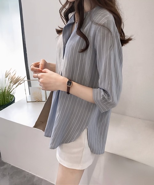 blackdia ocean（ブラックダイヤオーシャン）の「blackdia ocean ノーカラー ストライプシャツ（シャツ/ブラウス・レディース・ライトピンク/ホワイト/ライトブルー/ネイビー・LARGE/MEDIUM）」の10枚目の写真