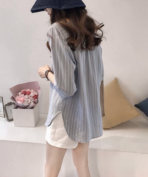 blackdia ocean（ブラックダイヤオーシャン）の「blackdia ocean ノーカラー ストライプシャツ（シャツ/ブラウス・レディース・ライトピンク/ホワイト/ライトブルー/ネイビー・LARGE/MEDIUM）」の11枚目の写真