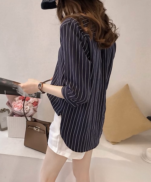 blackdia ocean（ブラックダイヤオーシャン）の「blackdia ocean ノーカラー ストライプシャツ（シャツ/ブラウス・レディース・ライトピンク/ホワイト/ライトブルー/ネイビー・LARGE/MEDIUM）」の14枚目の写真