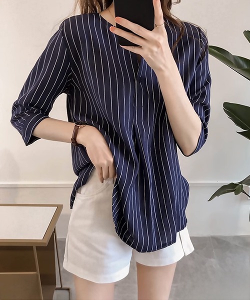 blackdia ocean（ブラックダイヤオーシャン）の「blackdia ocean ノーカラー ストライプシャツ（シャツ/ブラウス・レディース・ライトピンク/ホワイト/ライトブルー/ネイビー・LARGE/MEDIUM）」の13枚目の写真