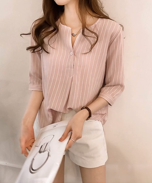 blackdia ocean（ブラックダイヤオーシャン）の「blackdia ocean ノーカラー ストライプシャツ（シャツ/ブラウス・レディース・ライトピンク/ホワイト/ライトブルー/ネイビー・LARGE/MEDIUM）」の16枚目の写真