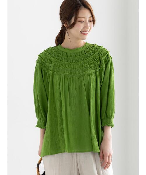 Te chichi（テチチ）の「コットンクレープスモッキングブラウス（シャツ/ブラウス・レディース・グリーン/ブラック/オフホワイト・F）」の5枚目の写真