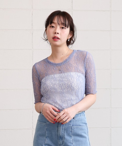 Bab(バブ)の「ストレッチレースコンパクトTシャツ(Tシャツ/カットソー・レディース・ライトブルー/ブラック/オフホワイト/グレー系その他3・FREE)」の4枚目の写真